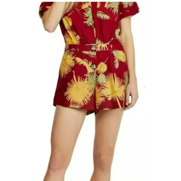 Free People Malibu Romper Women XS Red Yellow Tropical Beachy Boho Hawaii Cotton - Picture 2 of 13